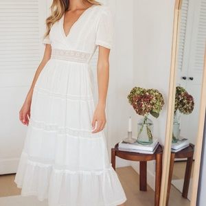 Lulus Folklore White Swiss Dot Lace Tiered Midi Dress, size L, NWT